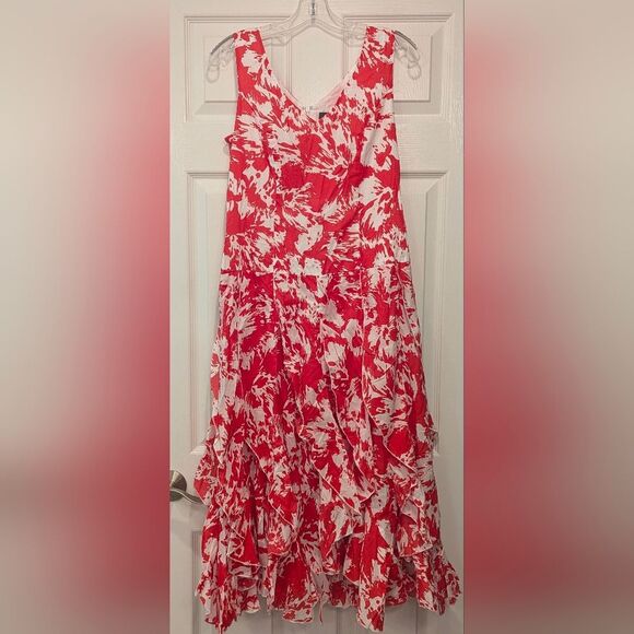 Metrostyle Red White Floral Midi Dress 8P Fit Flare Ruffle Hem Sleeveless Summer - Picture 3 of 8